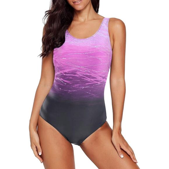 Aleumdr Women’s Pink Purple Color Block Print One Piece Swimsuit Athletic Medium - Picture 1 of 4